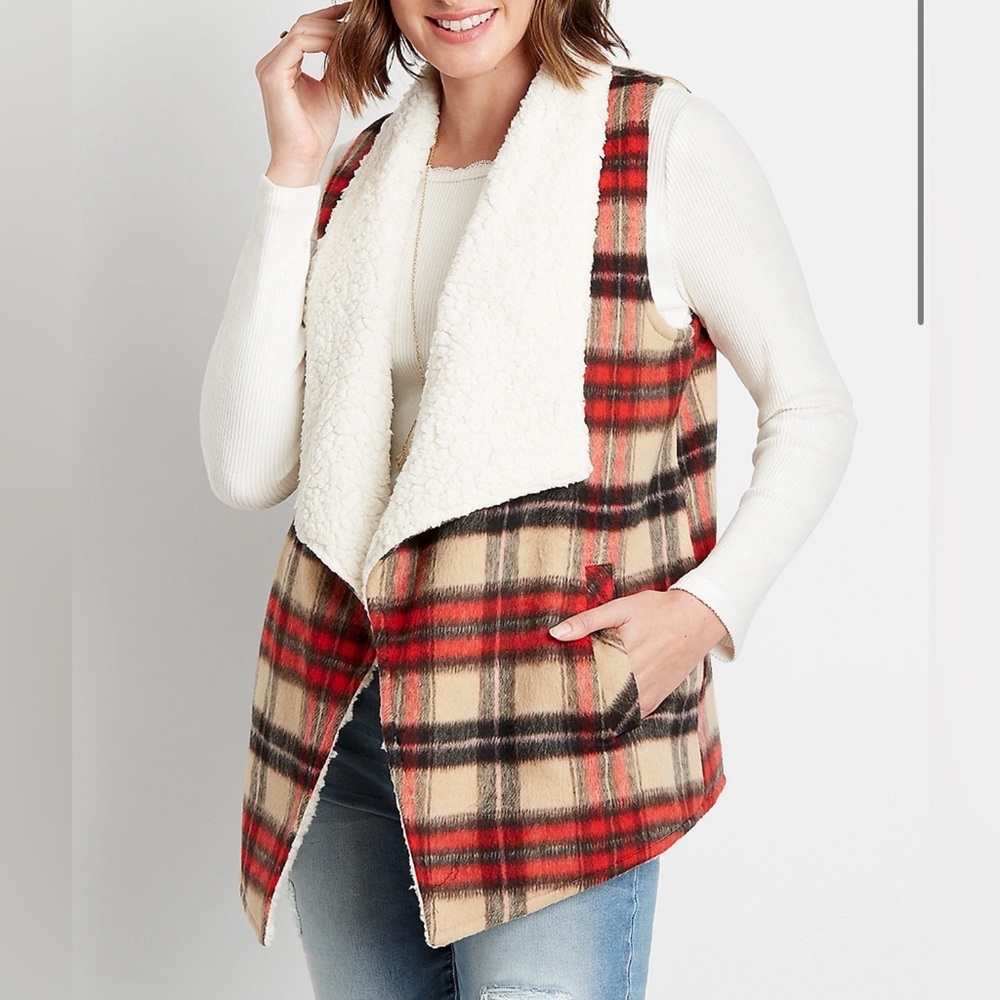 Maurices Plaid Sherpa Lined Open Front Vest Sz S